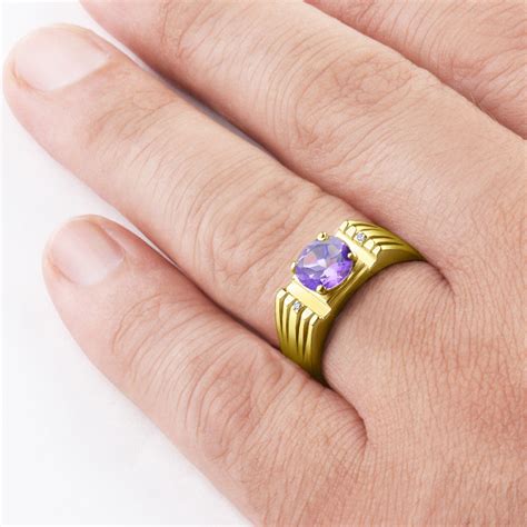 10k Yellow Solid Gold Mens Ring With Amethyst Gemstone And Natural