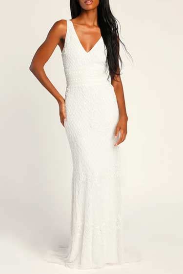 Simple Romance White Beaded Sequin Mermaid Maxi Dress Best Maxi Dress