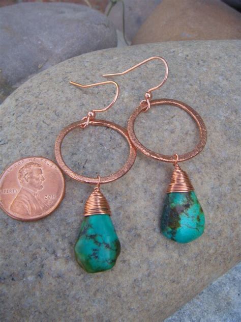 Turquoise Copper Earrings Small Hoop Dangle Earrings Etsy