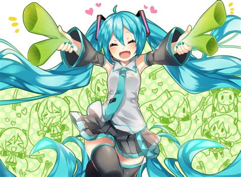 Aqua Hair Fang Hatsune Miku Heart Leek Long Hair Matatabi Dango Microphone Skirt Thighhighs Tie