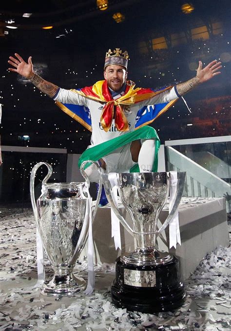 Sergio Ramos With Uefa Champions League And Laliga Trophy Real Madrid