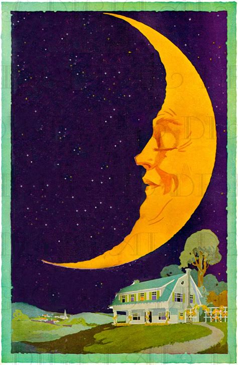 Man In The Half Moon Vintage Moon And Cottage Illustration Etsy