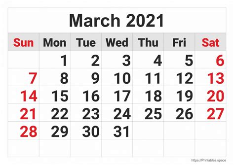 March 2021 Printable Monthly Calendar Free Printables