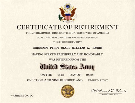 Retirement Certificate Us Army Old Version