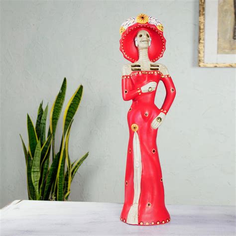 Mexican Day Of The Dead Unique Ceramic Sculpture Catrina In Scarlet