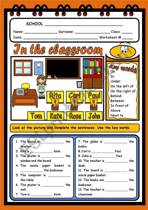 In The Classroom Place Prepositions Esl Worksheet By Evelinamaria