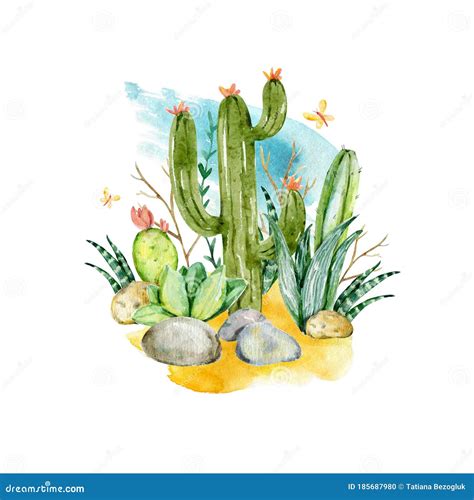 Hand Drawn Watercolor Cactuses In Desert Watercolor With Cactus Garden