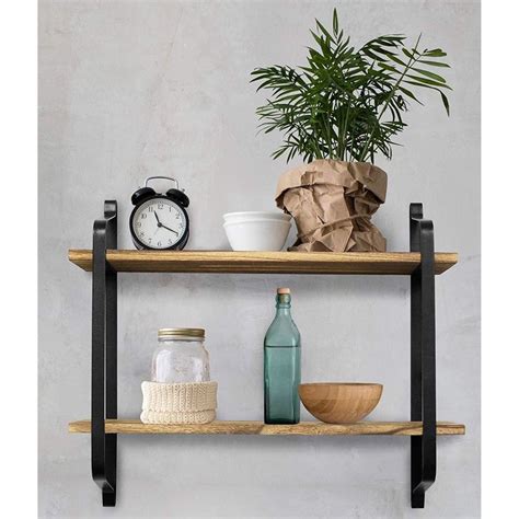 Contemporary in style, this functional wall shelf offers attractive storage space that is perfect for laundry rooms, mud rooms, kitchens, children's bedrooms, or play rooms. Greenco 2 Tier Rustic Wall Mounted Floating Shelf With Metal Brackets For Living Room, Dining ...
