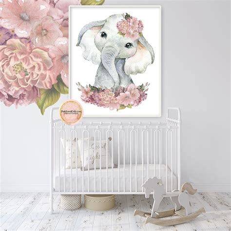 Boho Elephant Wall Art Print Nursery Zoo Baby Girl Mauve Rose Room Flo