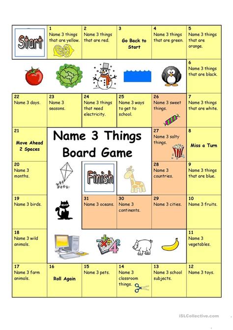 Looking for some esl activities for kids that are fun and educational? Board Game - Name 3 Things (Easy) - English ESL Worksheets ...