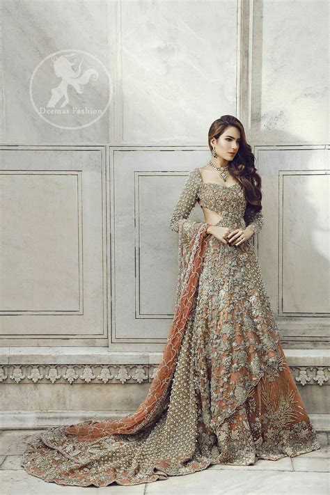 Pakistani Bridal Dress Peach Back Train Maxi Embroidered Lehenga Bridal Anarkali Suits