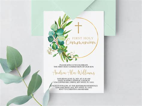 Greenery First Holy Communion Invitation Editable Template Etsy