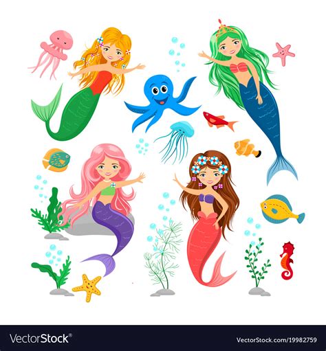 Cute Cartoon Mermaids And Sea Animal Set Vector Image