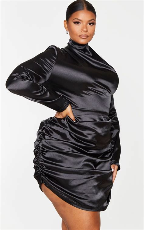 Plus Black Satin High Neck Ruched Skirt Bodycon Dress Ruched Skirt Fashion Black Women Fashion