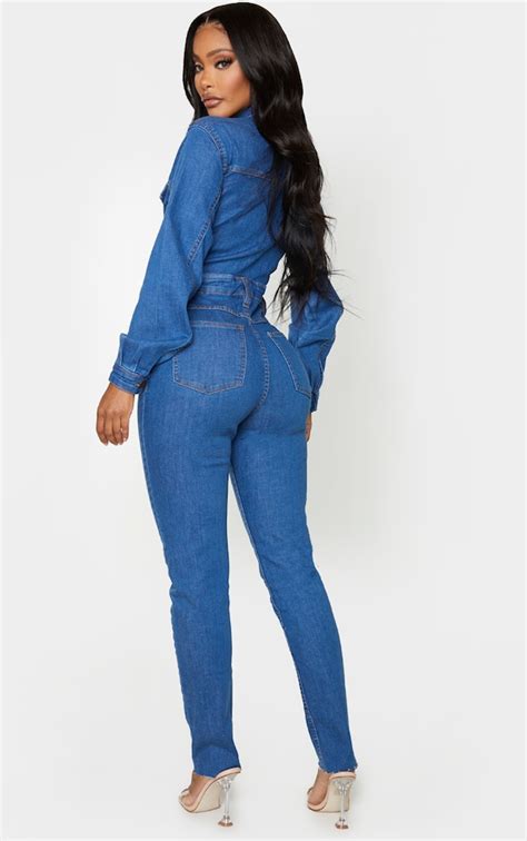 Shape Mid Blue Wash Denim Zip Front Jumpsuit Prettylittlething