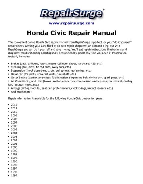Honda Civic Repair Manual 1990 2012 Pdf