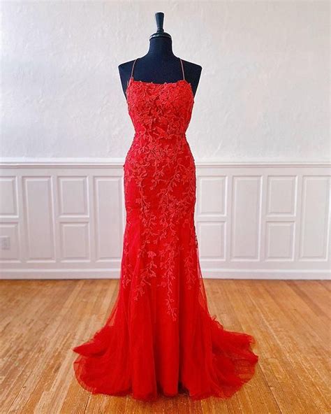 Sexy Long Lace Red Prom Dresses Open Back Red Lace Prom Dress Red