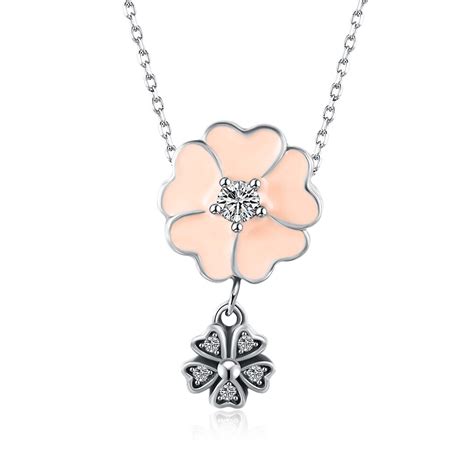 Sterling Silver Jewelry Pink Flowers Pendant Necklaces For Women Pure