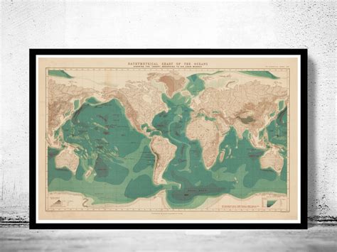 Old Bathymetrical Chart Of The Oceans World Map 1899 Vintage World Map
