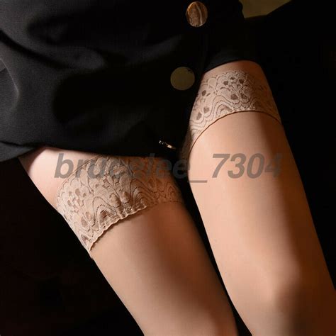 Sexy Women 8d Oil Shiny Glossy Lace Top Silicone Stay Up Thigh High Stockings Ebay