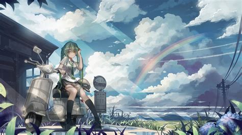 デスクトップ壁紙 風景 アニメの女の子 空 オートバイ 雲 太陽の光 緑髪 虹 統一 電力線 スクリーンショット
