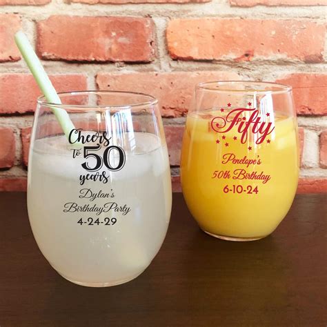 printed personalized fiftieth stemless wine glasses 50th birthday party favors fiftieth birthday