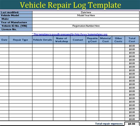Vehicle Repair Log Templates 10 Free Word Excel And Pdf Building