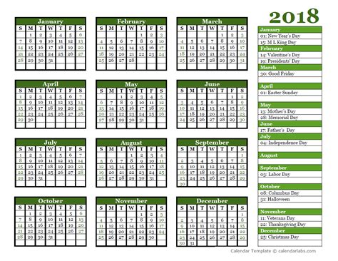 Editable 2018 Yearly Calendar Landscape Free Printable Templates