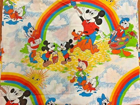 Vintage Disney Mickey Mouse Donald Duck Rainbow Sun Flat Fitted Sheet