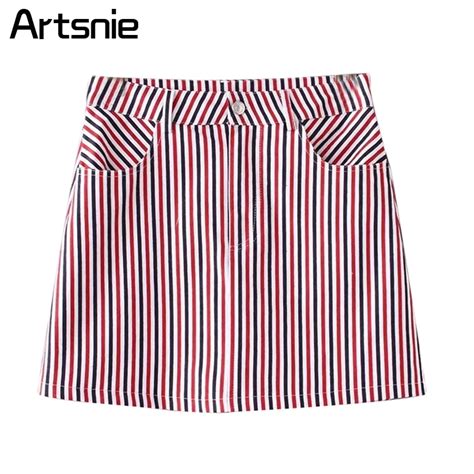 Artsnie Red Striped Casual Summer Mini Sheath Skirt Double Pockets High