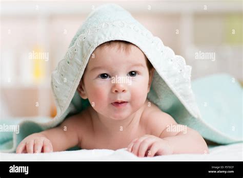 Happy Baby Under Towel Indoor Stock Photo Alamy