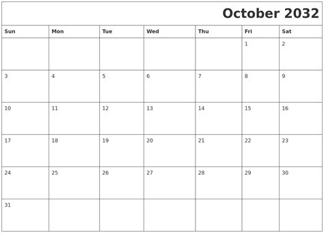October 2032 Download Calendar