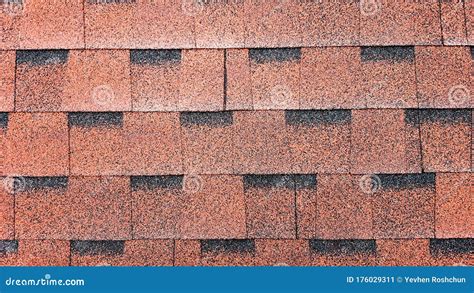 Close Up View On Asphalt Roofing Red Shingles Background Roof Bitumen