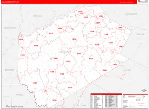 Delaware County Ny Zip Code Wall Map Red Line Style By Marketmaps