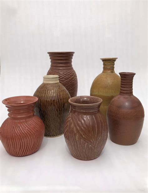 Tall Flower Vase Brown Handmade Carved Matte Stoneware Etsy