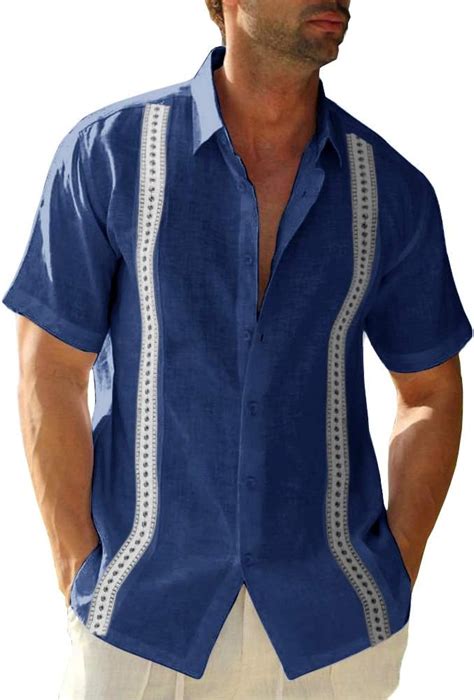 Mens Linen Shirt Cuban Camp Guayabera Shirts Short Sleeve Regular Fit