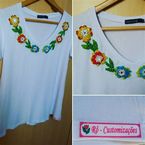 Camiseta Branca Customizada Com Bordado De Flores Colorida Fazendo A