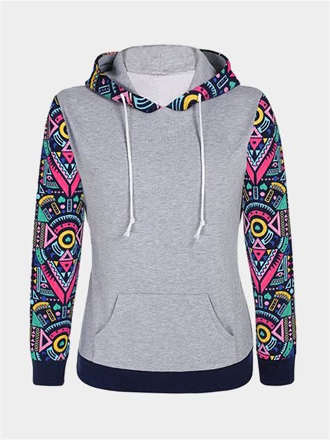 Grey Geometric Pattern Sleeves Hooded Sweatshirt Hoodies Fashion