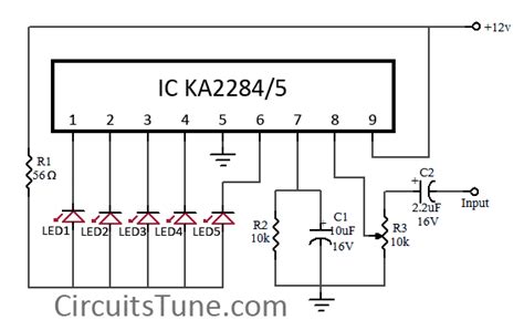 Built to make the wiring easy to follow. 5 LED VU meter circuit diagram using KA2284 | CircuitsTune