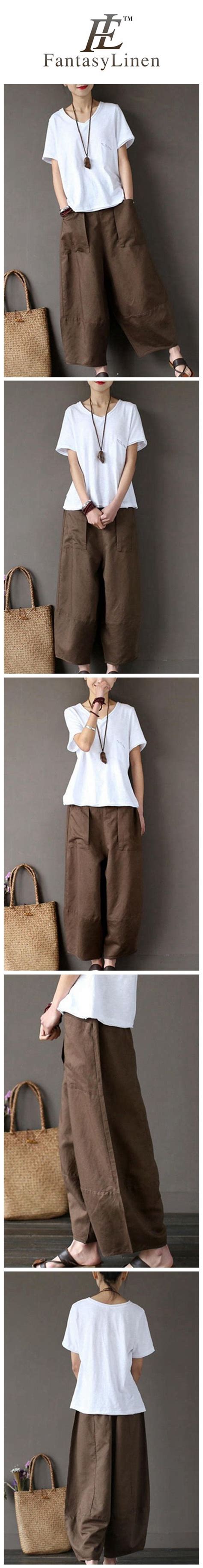 Coffee Loose Cotton Linen Casual Ankle Length Pants Women Clothes P