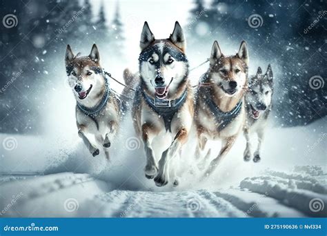 Team With Sled Dogs Group Of Huskies Running Along Snowy Road In