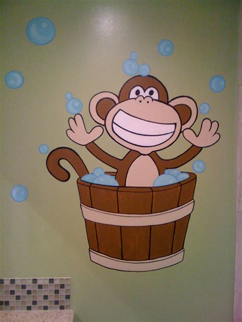 Monkey baby nui | nui take a shower nui was bathed in a soap tank. Bathroom Wall Murals by Colette - Painted Bathroom Murals
