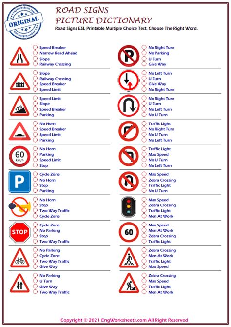 Road Signs Printable English ESL Vocabulary Worksheets EngWorksheets