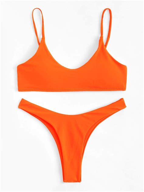 Neon Orange Swimsuit Spaghetti Strap Cami Top High Leg Bikini Bottom