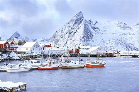 Norway Lofoten Hamnoy Island Fishermans Cabins And Boats Stock Photo