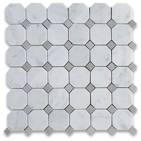 Carrara Marble Octagon Mosaic Tile Gray Dots 2 Inch Honed Traditional
