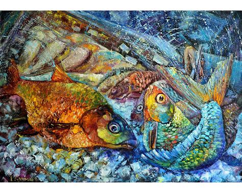 Abstract Fish Painting Original Artwork Large Colorful Blue Etsy