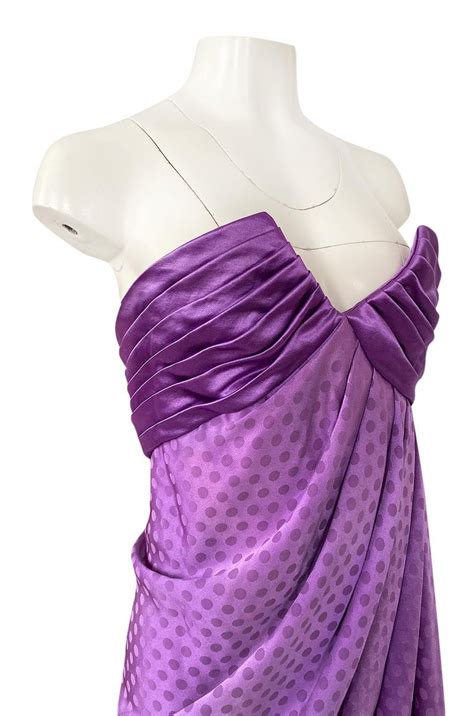 1980s Emanuel Ungaro Strapless Dotted Purple Fluid Silk Dress For Sale