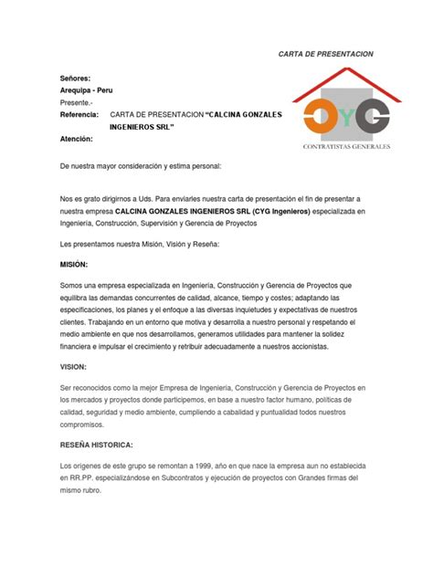Carta De Presentacion Cyg Calidad Comercial Ingeniería