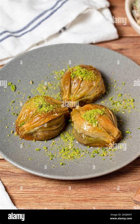 Mussel Baklava With Pistachio On Wooden Background Turkish Cuisine